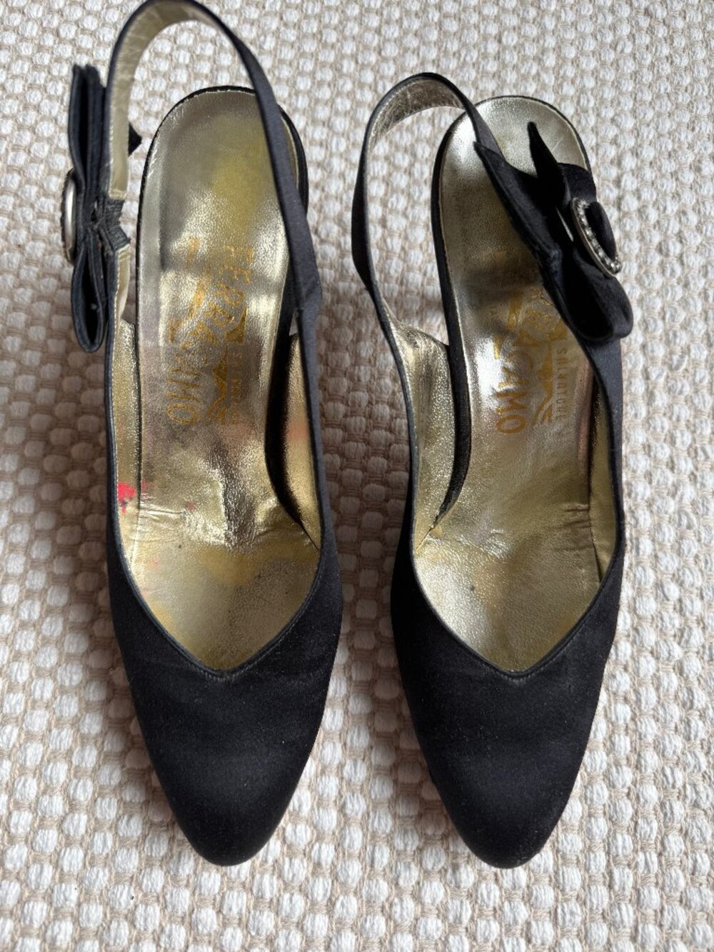 Ferragamo | Black Satin Slingback Heels Bow Pumps Classic Formal